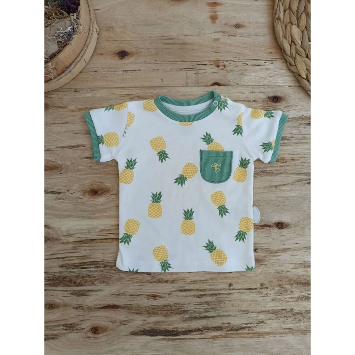 3-6 6-9 9-12 Ay Ananas Baskılı Şort Tişört 2 Li Kız Erkek Bebek Takımı Yeşil