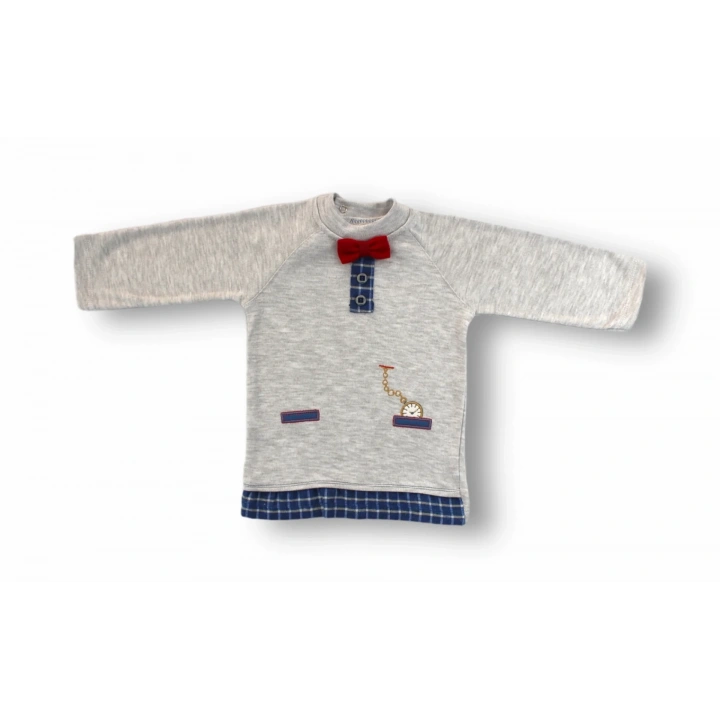 3-6 6-9 9-12 Ay Cep Saat Nakışlı Şapkalı Uzun Kollu Sweatli 3lü Erkek Bebek Takımı Mavi