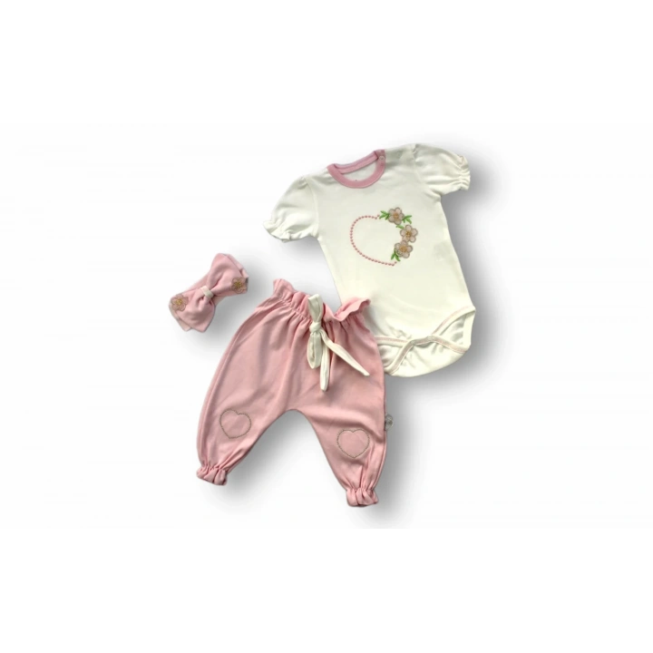 3-6 6-9 9-12 Ay Çiçekli Baharın Kalbi Nakışlı Bandanalı Kısa Kollu Zıbınlı 3lü Kız Bebek Takımı Ekru