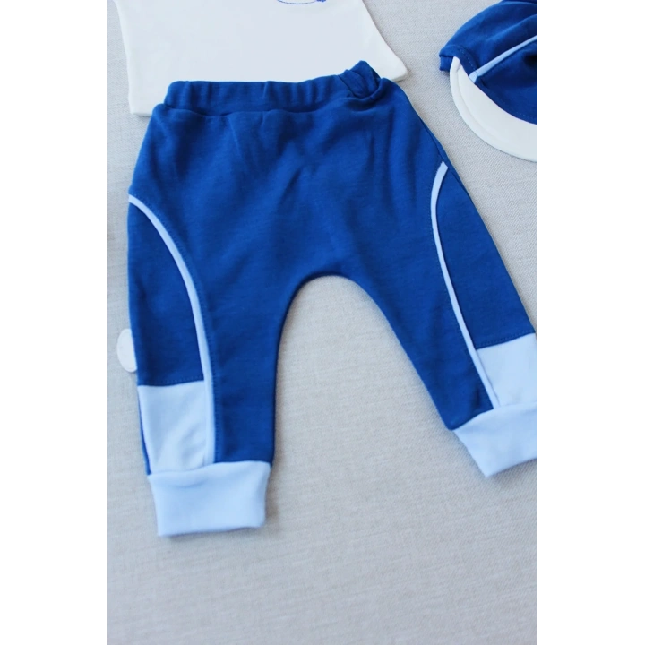 3-6 6-9 9-12 Ay Efendi Nakışlı Cep Şapkalı Uzun Kollu Sweat 3lü Erkek Bebek Takımı İndigo