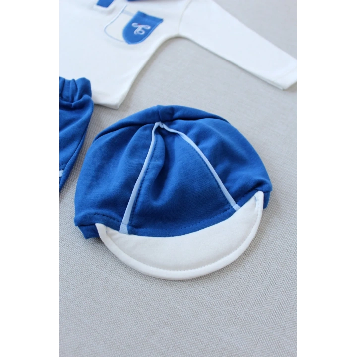 3-6 6-9 9-12 Ay Efendi Nakışlı Cep Şapkalı Uzun Kollu Sweat 3lü Erkek Bebek Takımı İndigo