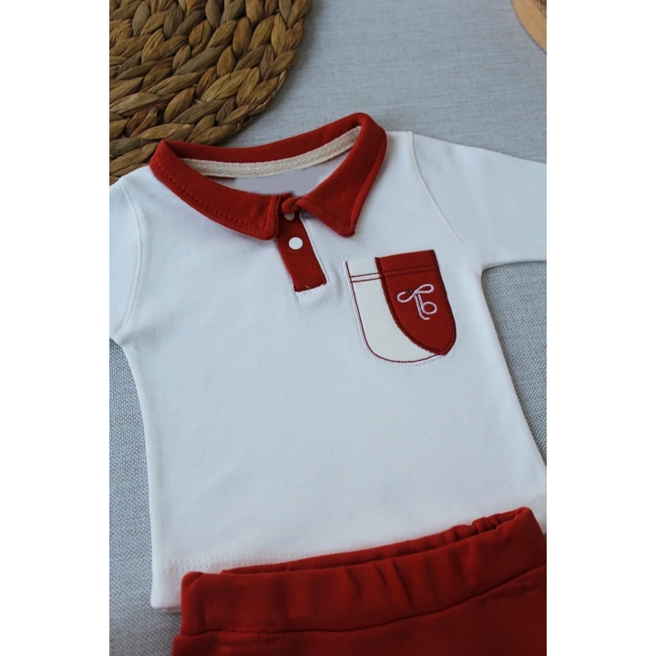 3-6 6-9 9-12 Ay Efendi Nakışlı Cep Şapkalı Uzun Kollu Sweat 3lü Erkek Bebek Takımı Kiremit