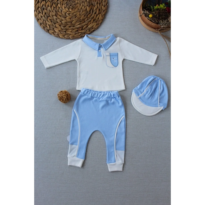 3-6 6-9 9-12 Ay Efendi Nakışlı Cep Şapkalı Uzun Kollu Sweat 3lü Erkek Bebek Takımı Mavi