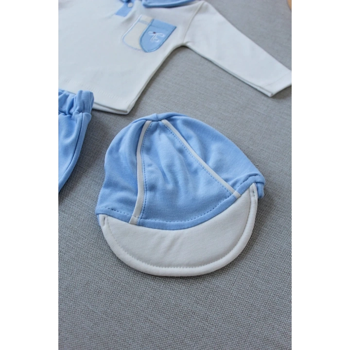 3-6 6-9 9-12 Ay Efendi Nakışlı Cep Şapkalı Uzun Kollu Sweat 3lü Erkek Bebek Takımı Mavi