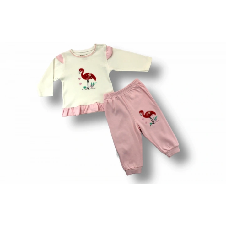 3-6 6-9 9-12 Ay Flamingo Nakışlı Uzun Kollu Sweatli 2li Kız Bebek Takımı Ekru