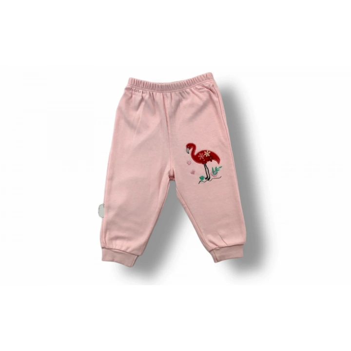 3-6 6-9 9-12 Ay Flamingo Nakışlı Uzun Kollu Sweatli 2li Kız Bebek Takımı Ekru