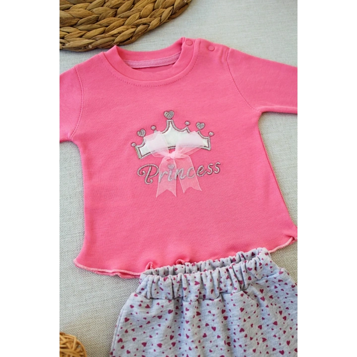 3-6 6-9 9-12 Ay Full Star Nakışlı Şapkalı Uzun Kollu Sweat 3lü Erkek Bebek Takımı Fuşya