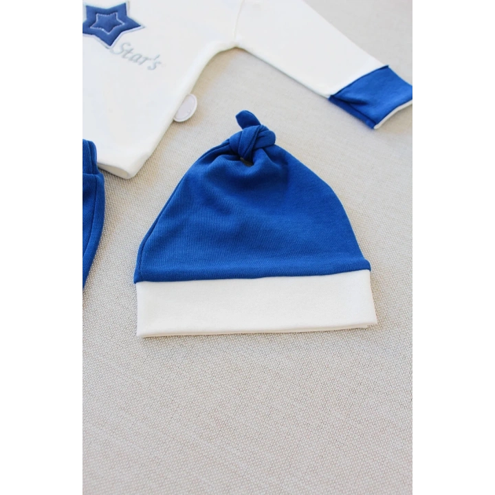 3-6 6-9 9-12 Ay Full Star Nakışlı Şapkalı Uzun Kollu Sweat 3lü Erkek Bebek Takımı İndigo