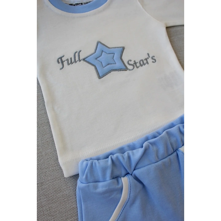 3-6 6-9 9-12 Ay Full Star Nakışlı Şapkalı Uzun Kollu Sweat 3lü Erkek Bebek Takımı Mavi