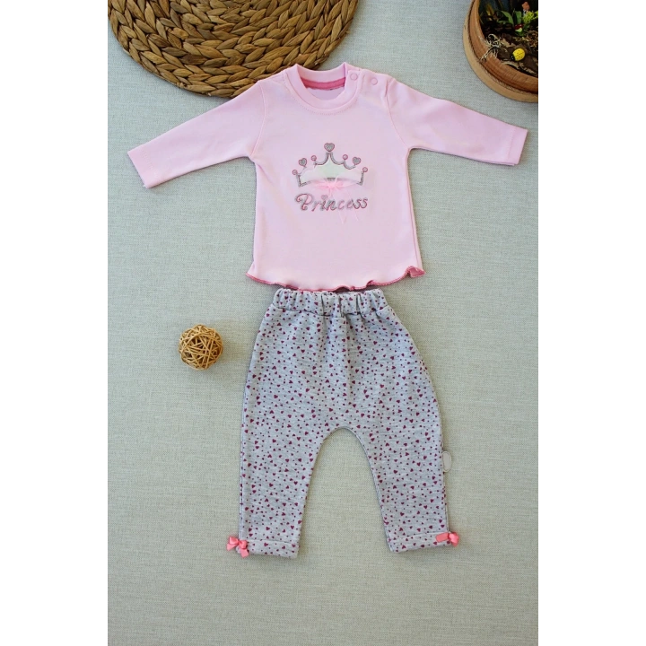 3-6 6-9 9-12 Ay Full Star Nakışlı Şapkalı Uzun Kollu Sweat 3lü Erkek Bebek Takımı Pembe