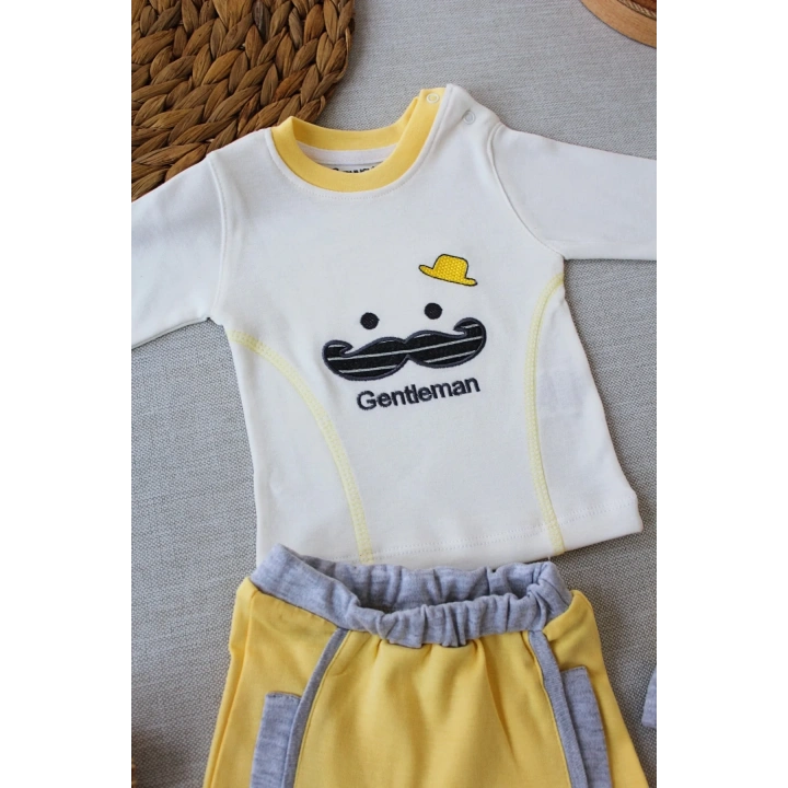 3-6 6-9 9-12 Ay Gentleman Erkek Nakışlı Şapkalı Uzun Kollu Sweat 3lü Erkek Bebek Takımı Sarı
