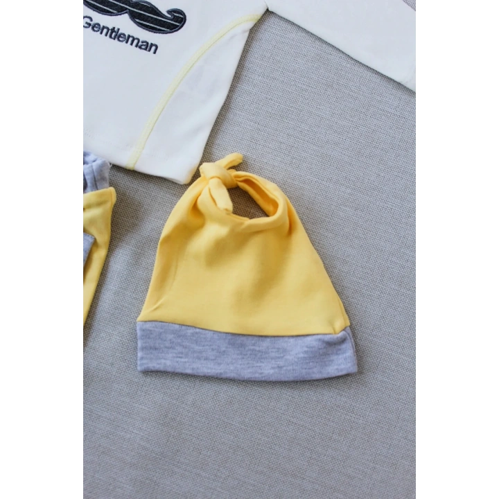 3-6 6-9 9-12 Ay Gentleman Erkek Nakışlı Şapkalı Uzun Kollu Sweat 3lü Erkek Bebek Takımı Sarı