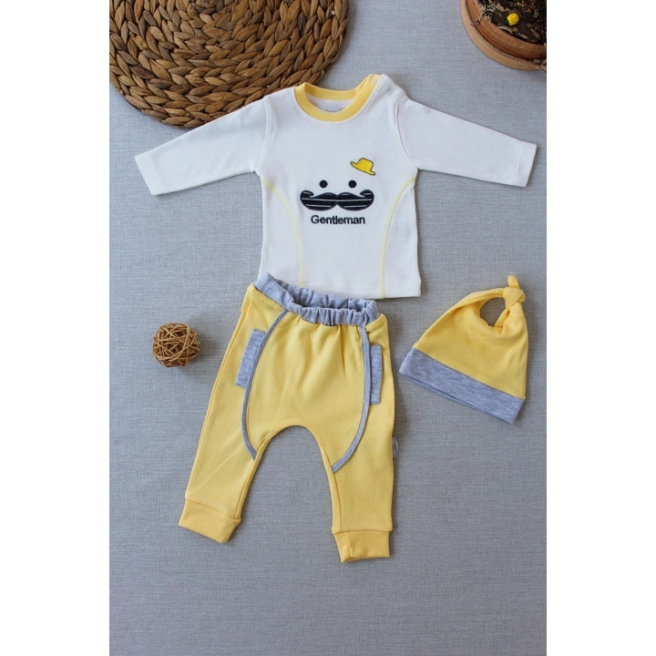 3-6 6-9 9-12 Ay Gentleman Erkek Nakışlı Şapkalı Uzun Kollu Sweat 3lü Erkek Bebek Takımı Sarı