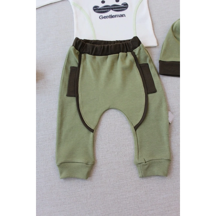 3-6 6-9 9-12 Ay Gentleman Erkek Nakışlı Şapkalı Uzun Kollu Sweat 3lü Erkek Bebek Takımı Yeşil