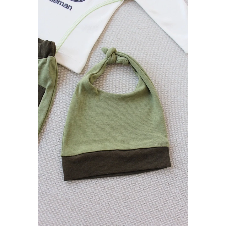 3-6 6-9 9-12 Ay Gentleman Erkek Nakışlı Şapkalı Uzun Kollu Sweat 3lü Erkek Bebek Takımı Yeşil