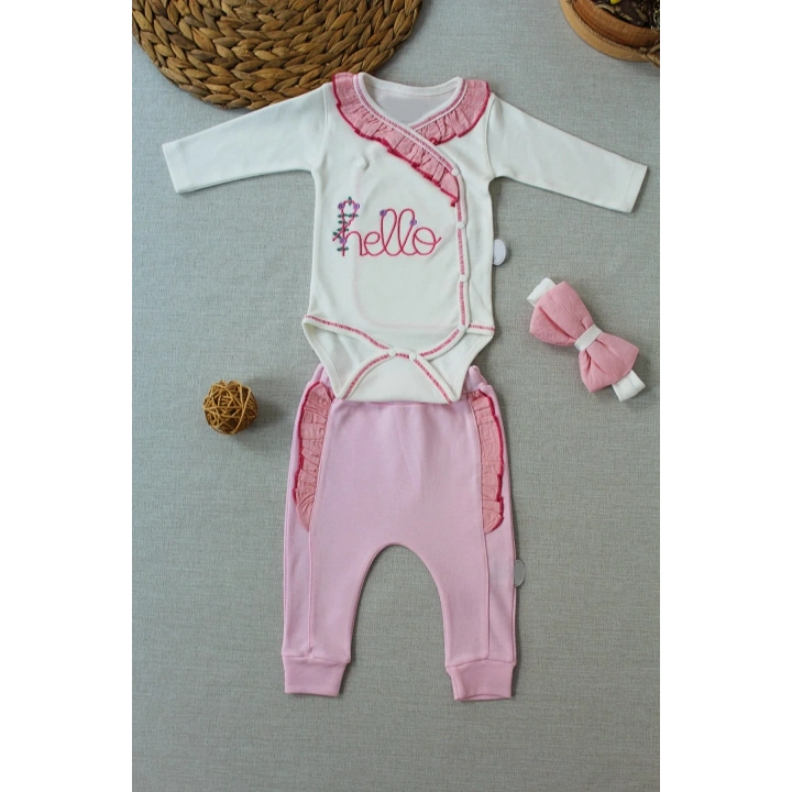 3-6 6-9 9-12 Ay Hello Nakışlı Kruvaze Bandanalı Uzun Kollu Zıbınlı 3lü Kız Bebek Takımı Pembe