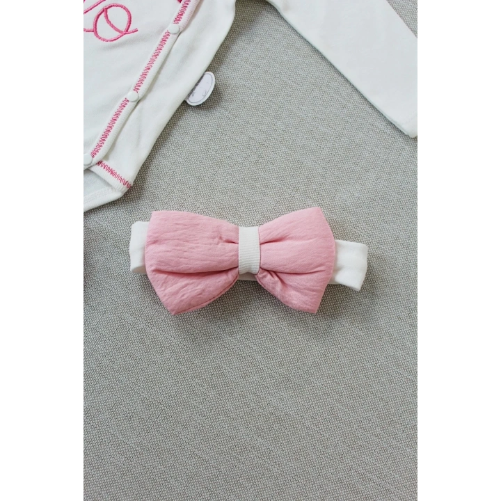 3-6 6-9 9-12 Ay Hello Nakışlı Kruvaze Bandanalı Uzun Kollu Zıbınlı 3lü Kız Bebek Takımı Pembe