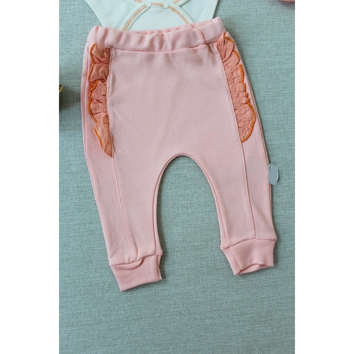 3-6 6-9 9-12 Ay Hello Nakışlı Kruvaze Bandanalı Uzun Kollu Zıbınlı 3lü Kız Bebek Takımı Somon