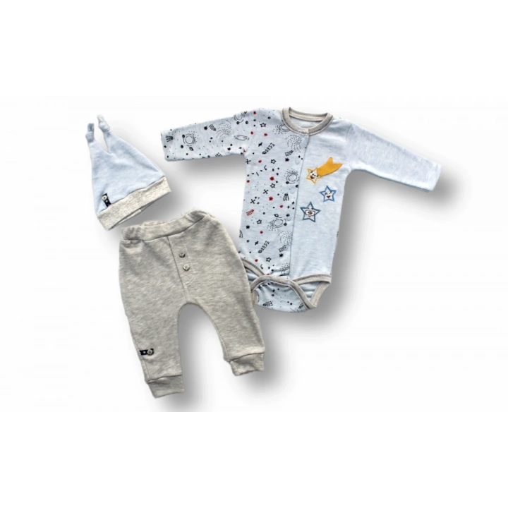 3-6 6-9 9-12 Ay Kuyruklu Yıldız Nakışlı Şapkalı Uzun Kollu Zıbınlı 3lü Kız-erkek Bebek Takımı Mavi