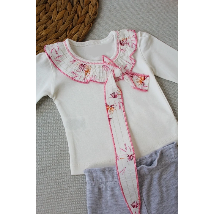 3-6 6-9 9-12 Ay Matmazel Yaka Fırfır Detaylı Bandanalı Uzun Kollu Sweat 3lü Kız Bebek Takımı Ekru