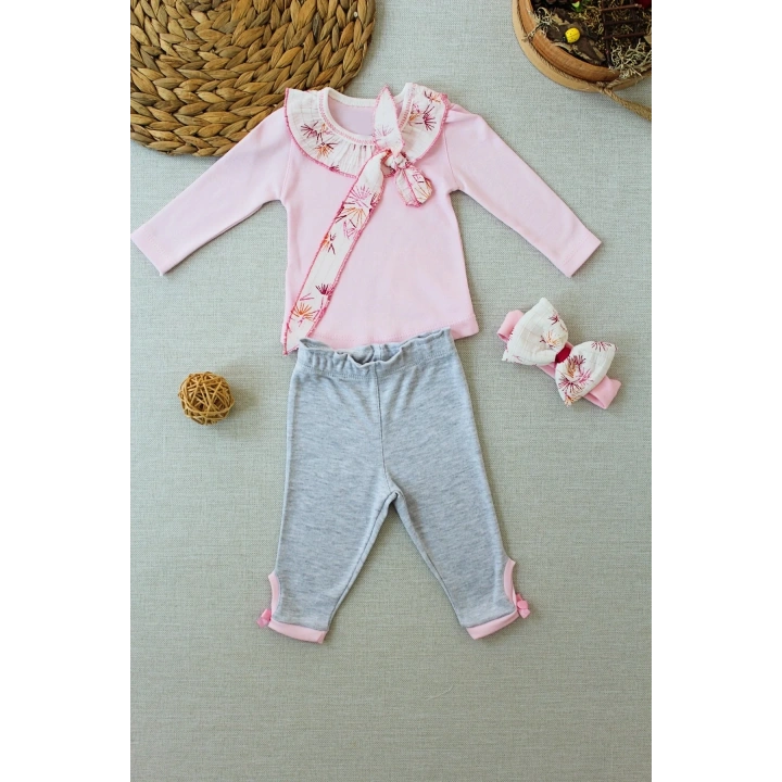 3-6 6-9 9-12 Ay Matmazel Yaka Fırfır Detaylı Bandanalı Uzun Kollu Sweat 3lü Kız Bebek Takımı Pembe