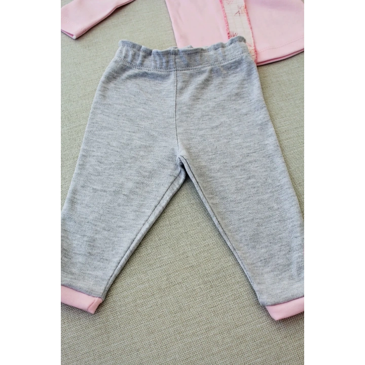 3-6 6-9 9-12 Ay Matmazel Yaka Fırfır Detaylı Bandanalı Uzun Kollu Sweat 3lü Kız Bebek Takımı Pembe