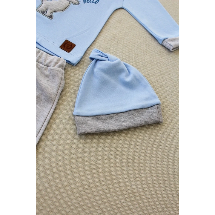 3-6 6-9 9-12 Ay Minik Dino Nakışlı Şapkalı Uzun Kollu Sweat 3lü Kız-erkek Bebek Takımı Mavi