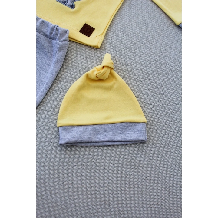 3-6 6-9 9-12 Ay Minik Dino Nakışlı Şapkalı Uzun Kollu Sweat 3lü Kız-erkek Bebek Takımı Sarı