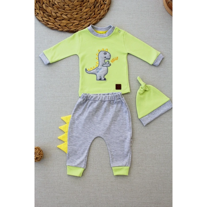 3-6 6-9 9-12 Ay Minik Dino Nakışlı Şapkalı Uzun Kollu Sweat 3lü Kız-erkek Bebek Takımı Yeşil