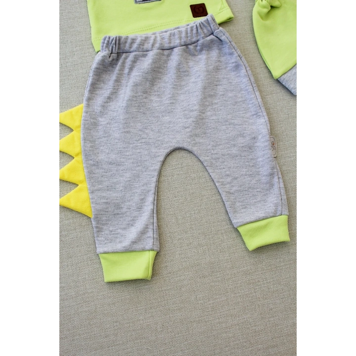 3-6 6-9 9-12 Ay Minik Dino Nakışlı Şapkalı Uzun Kollu Sweat 3lü Kız-erkek Bebek Takımı Yeşil