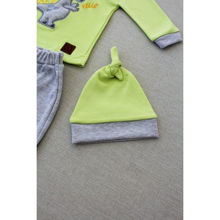 3-6 6-9 9-12 Ay Minik Dino Nakışlı Şapkalı Uzun Kollu Sweat 3lü Kız-erkek Bebek Takımı Yeşil