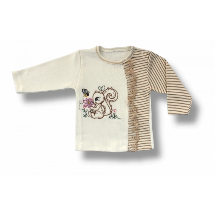 3-6 6-9 9-12 Ay Minik Sincap Nakışlı Şapkalı Uzun Kollu Sweatli 3lü Kız Bebek Takımı Kahverengi