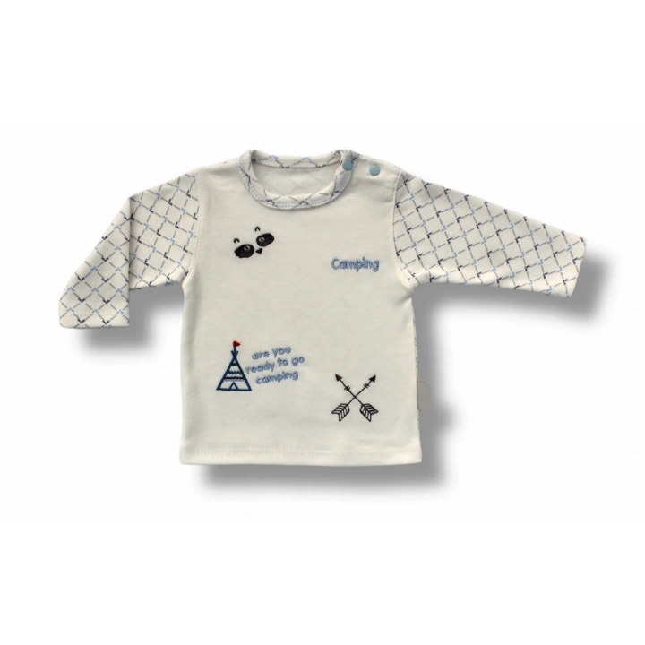 3-6 6-9 9-12 Ay My Camping Nakışlı Şapkalı Uzun Kollu Sweatli 3lü Erkek Bebek Takımı Ekru