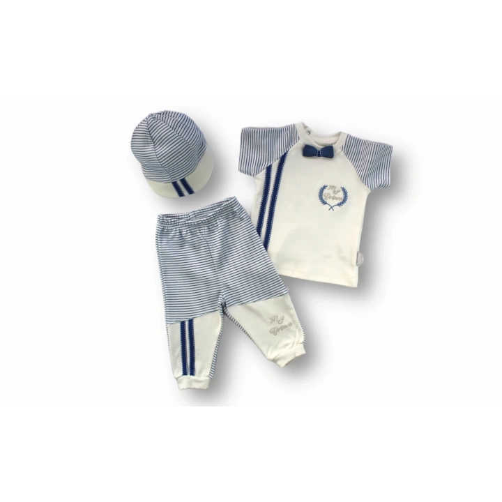 3-6 6-9 9-12 Ay My Prince Nakışlı Şapkalı Kısa Kollu Sweatli 3lü Erkek Bebek Takımı Ekru