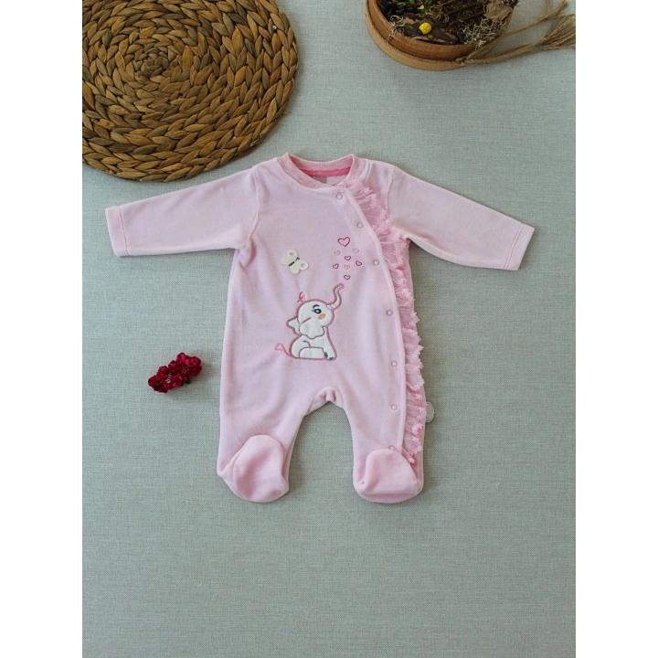 3-6 6-9 9-12 Ay Romantik Fil Nakışlı Pembe Süslü Kız Bebek Tulumu Pembe