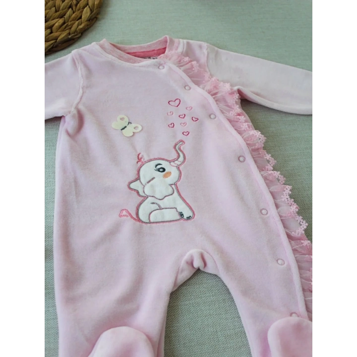 3-6 6-9 9-12 Ay Romantik Fil Nakışlı Pembe Süslü Kız Bebek Tulumu Pembe