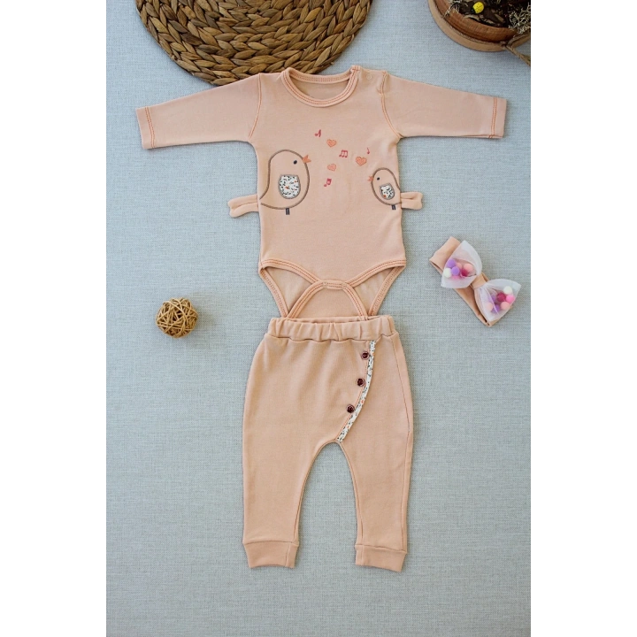 3-6 6-9 9-12 Ay Şarkıcı Kuşlar Nakışlı Bandanalı Uzun Kollu Zıbınlı 3lü Kız Bebek Takımı Buğday