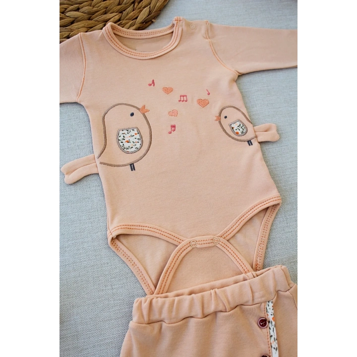 3-6 6-9 9-12 Ay Şarkıcı Kuşlar Nakışlı Bandanalı Uzun Kollu Zıbınlı 3lü Kız Bebek Takımı Buğday