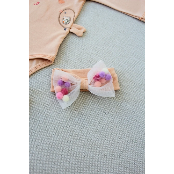 3-6 6-9 9-12 Ay Şarkıcı Kuşlar Nakışlı Bandanalı Uzun Kollu Zıbınlı 3lü Kız Bebek Takımı Buğday