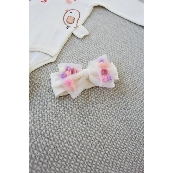 3-6 6-9 9-12 Ay Şarkıcı Kuşlar Nakışlı Bandanalı Uzun Kollu Zıbınlı 3lü Kız Bebek Takımı Ekru