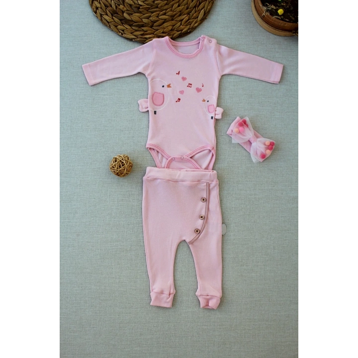 3-6 6-9 9-12 Ay Şarkıcı Kuşlar Nakışlı Bandanalı Uzun Kollu Zıbınlı 3lü Kız Bebek Takımı Pembe