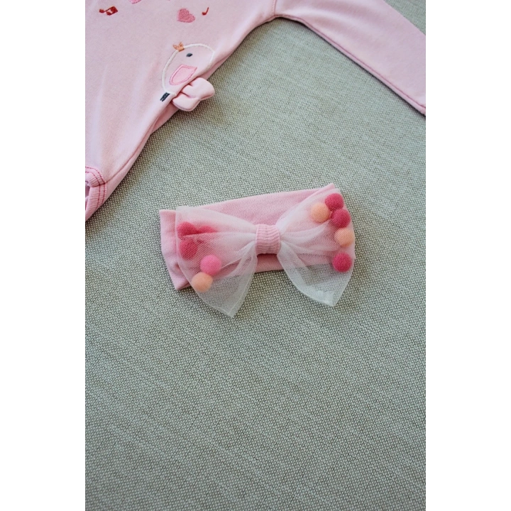 3-6 6-9 9-12 Ay Şarkıcı Kuşlar Nakışlı Bandanalı Uzun Kollu Zıbınlı 3lü Kız Bebek Takımı Pembe