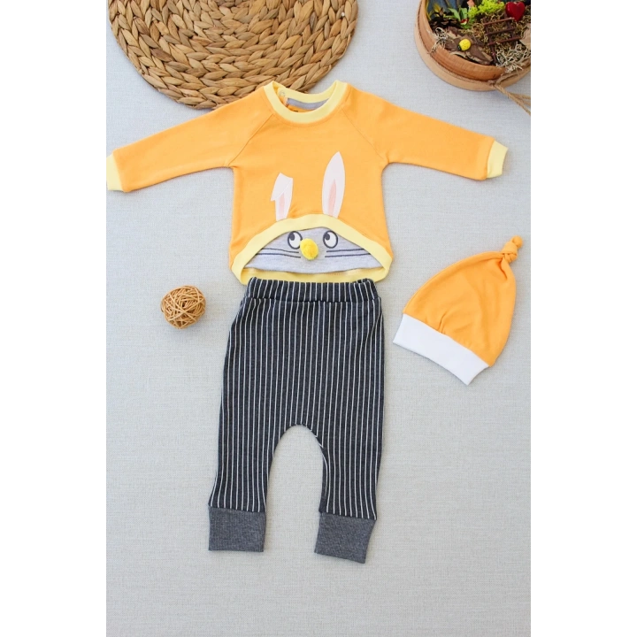 3-6 6-9 9-12 Ay Şımarık Tavşan Nakışlı Şapkalı Uzun Kollu Sweat 3lü Kız-erkek Bebek Takımı Turuncu