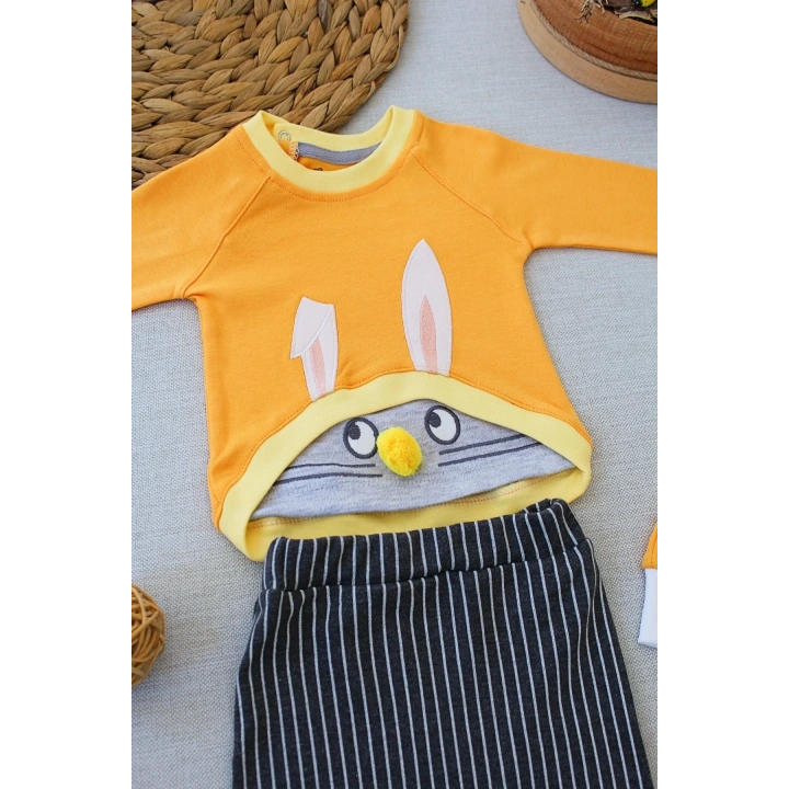 3-6 6-9 9-12 Ay Şımarık Tavşan Nakışlı Şapkalı Uzun Kollu Sweat 3lü Kız-erkek Bebek Takımı Turuncu