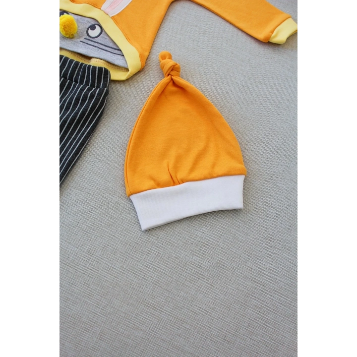 3-6 6-9 9-12 Ay Şımarık Tavşan Nakışlı Şapkalı Uzun Kollu Sweat 3lü Kız-erkek Bebek Takımı Turuncu