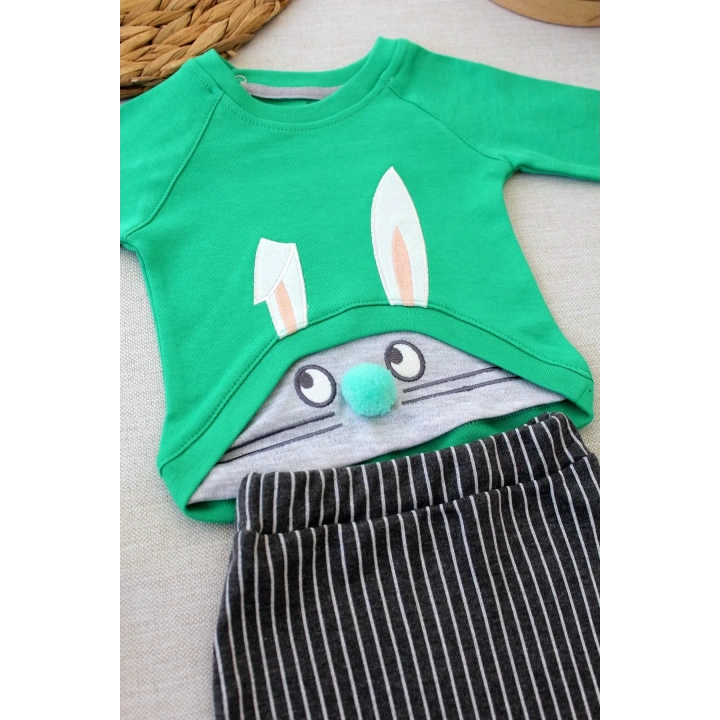 3-6 6-9 9-12 Ay Şımarık Tavşan Nakışlı Şapkalı Uzun Kollu Sweat 3lü Kız-erkek Bebek Takımı Yeşil