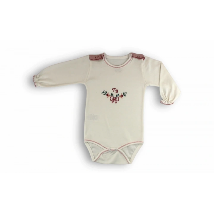 3-6 6-9 9-12 Ay Tb Çiçek Nakışlı Bandanalı Uzun Kollu Zıbınlı 3lü Kız Bebek Takımı Ekru