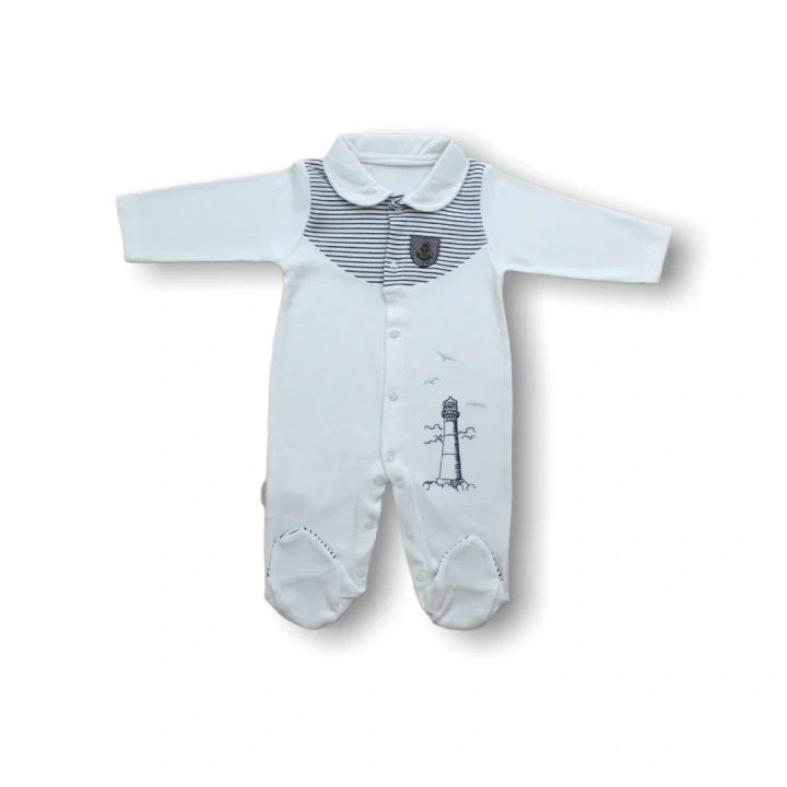 3-6 6-9 Ay Deniz Feneri Nakışlı Patikli Uzun Kollu Erkek Bebek Tulumu Ekru