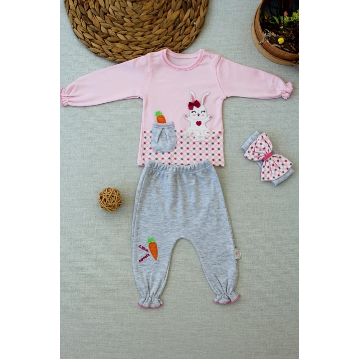 3-6 9-12 12-18 Ay Havuç Tavşan Nakışlı Bandanalı Cepli Uzun Kollu Sweatli 3lü Kız Bebek Tak Pembe