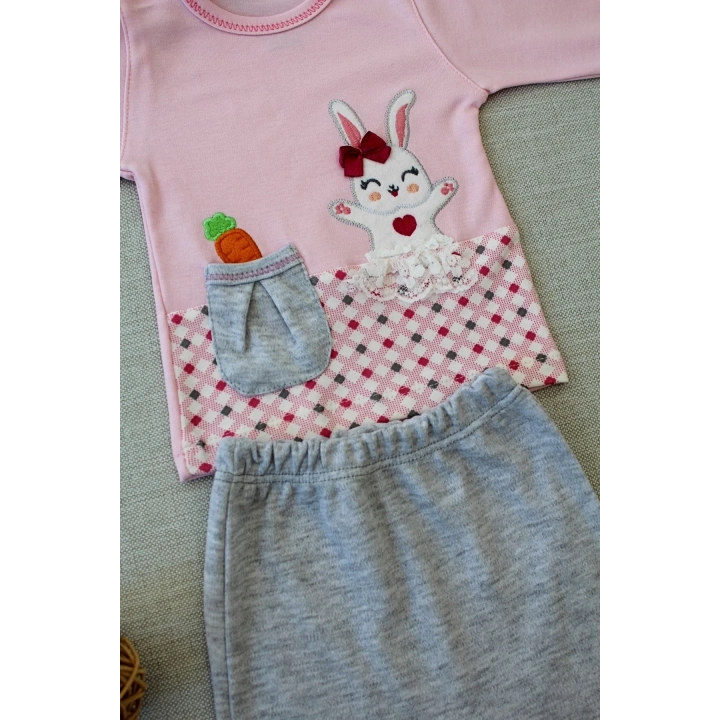 3-6 9-12 12-18 Ay Havuç Tavşan Nakışlı Bandanalı Cepli Uzun Kollu Sweatli 3lü Kız Bebek Tak Pembe